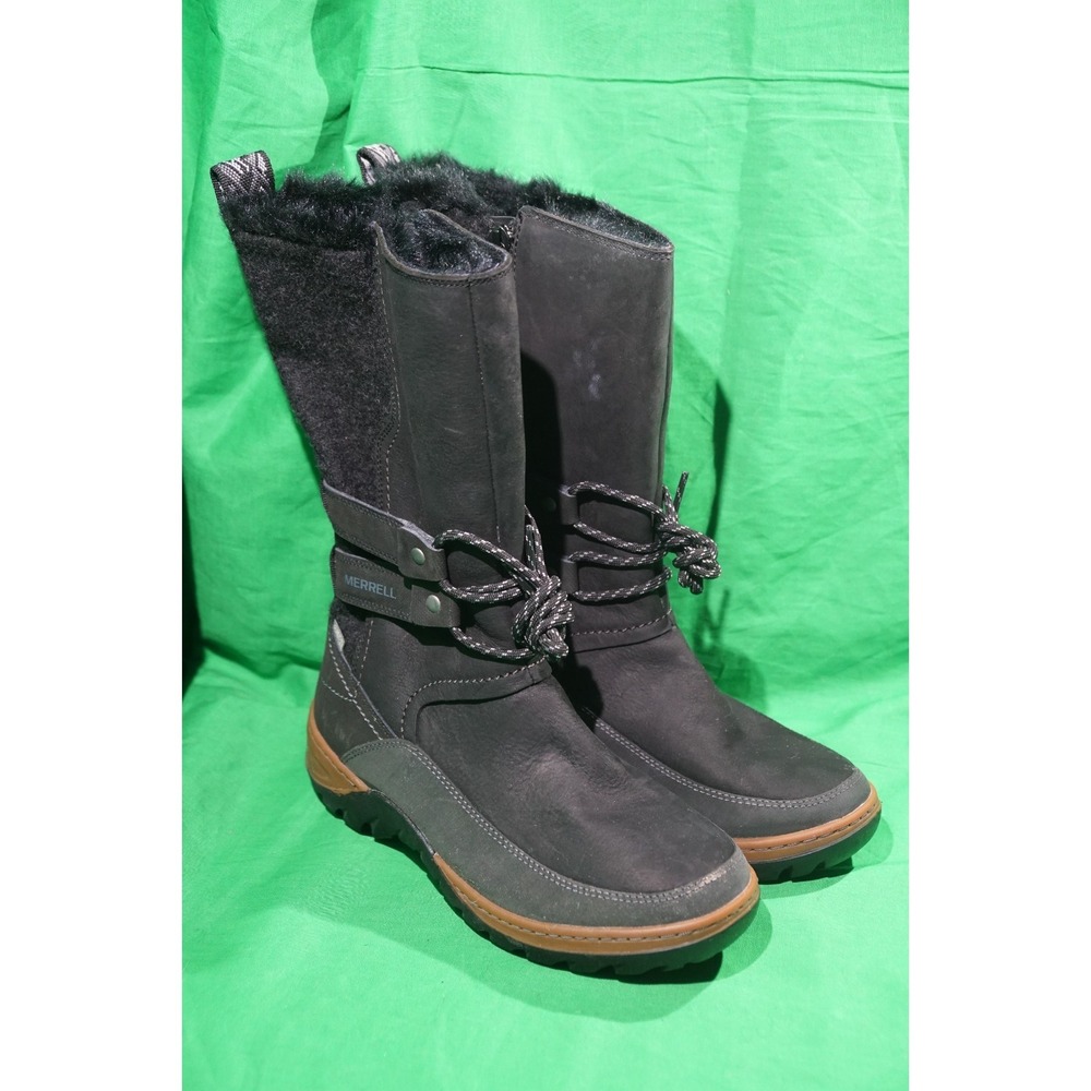 Merrell Sylva Tall Black Leather Winter Snow Boots Womens US 7